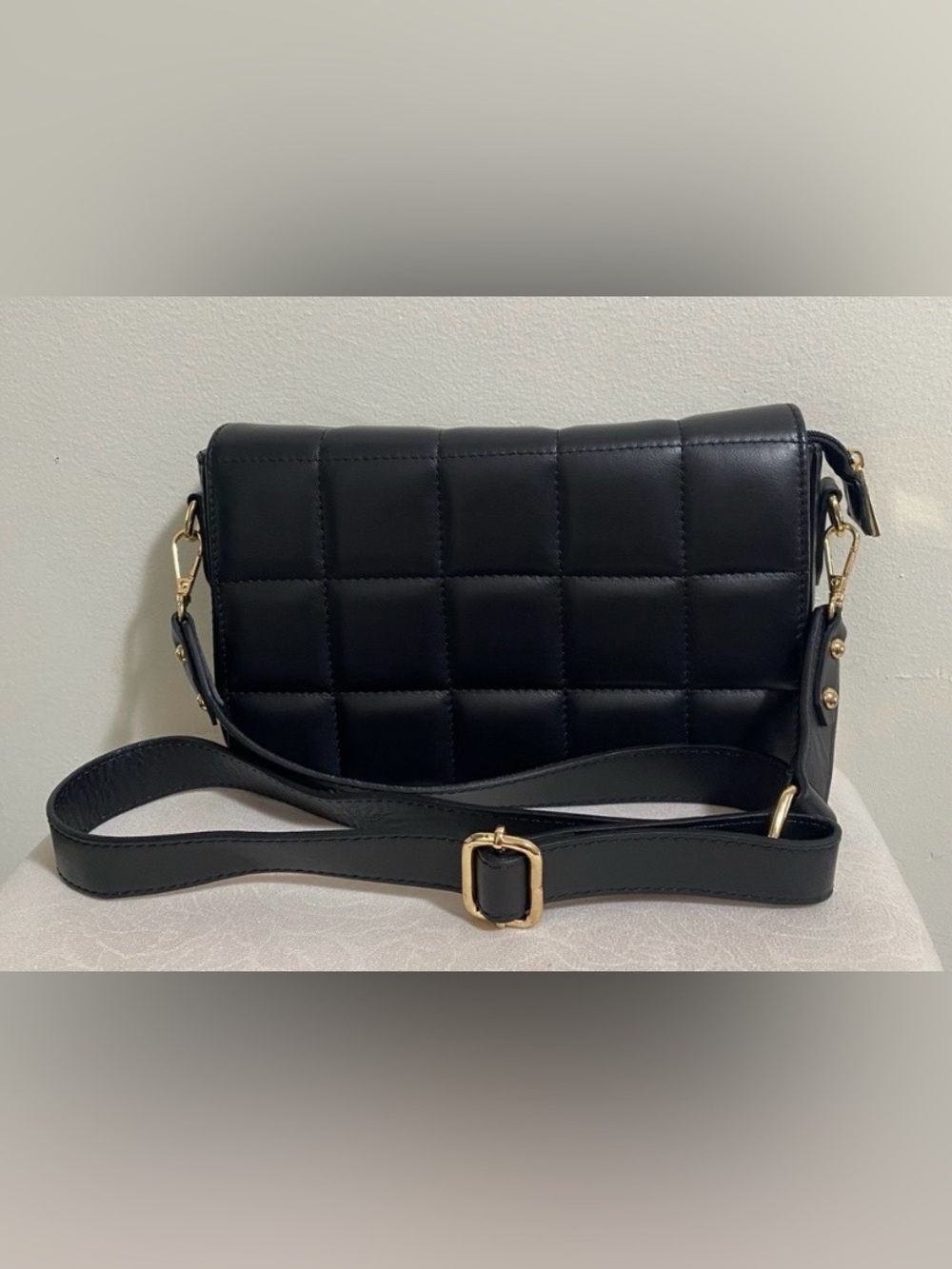 Unica! Firenze Black Quilted Crossbody Bag with Gold Hardware  Genuine Leather